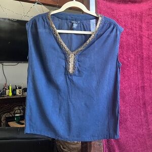 Lucky Brand Navy Blouse with Gold Accents